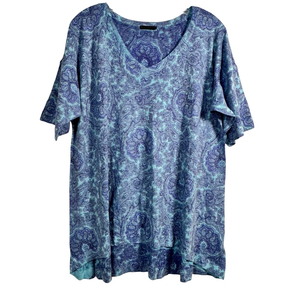 Nally & Millie USA Blue Purple Paisley V-Neck High-Low Knit Top XL